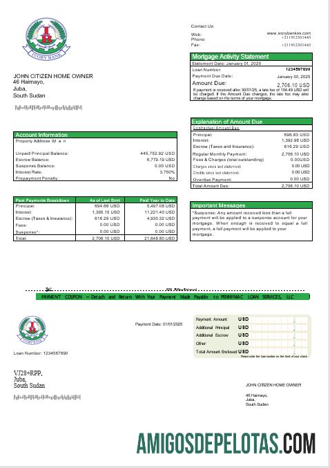 Extrato de hipoteca do South Sudan Ivory Bank em formatos Word e PDF exemplo real